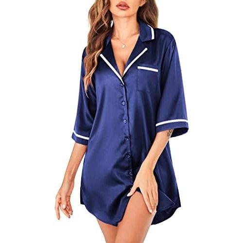Ekouaer Women's Nightgown Silk Sleep Shirt Satin Button Down Nightshirt 3/4 Sleeve Notch Collar Sleepwear S-XXL