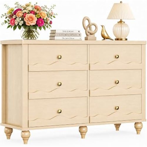 Besiost 43.3" Scalloped Storage Cabinet with Drawers (Natural Oak)