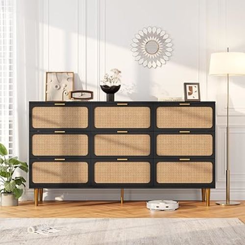 GarveeHome Rattan 9 Drawer Dressers for Bedroom, Tall Dresser with Deep Drawers, Large Chest of Drawers for Closet with Wide Top, Long Wooden Dresser for Living Room, Hallway, Kids Room, Black