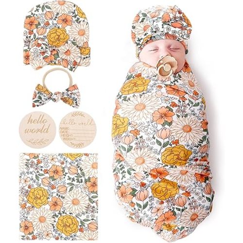 AQOKKA Newborn Receiving Blanket with Bow Hat Headband Wooden Card Set Newborns Toddler Baby Boy Girl Nursery Swaddle Wrap