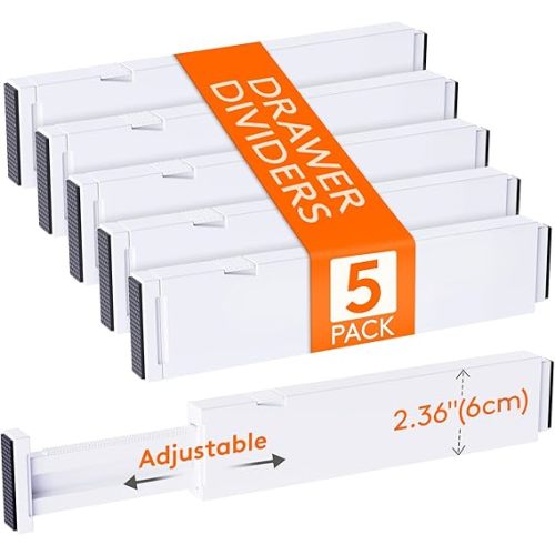 Lifewit 5 Pack 2.36" High Drawer Dividers 28-43.5cm/11-17" Adjustable Drawer Organizer for Clothes/Utensils, Expandable Drawer Separator in Dresser/Kitchen/Bedroom/Office Organization & Storage White