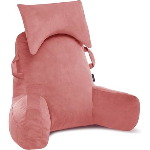 Portable Reading Pillows with Headrest for Bed Sitting Up(Dark Pink Oeko-Tex), Velvet Back Pillow with Arms & Pockets for Adults, Support Memory Foam Bed Pillow for Dorm/Watching/Gaming