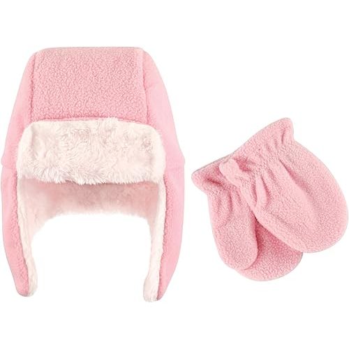 Baby Fleece Trapper Hat and Mitten Set, Sz 6-12mo, Color Light Pink