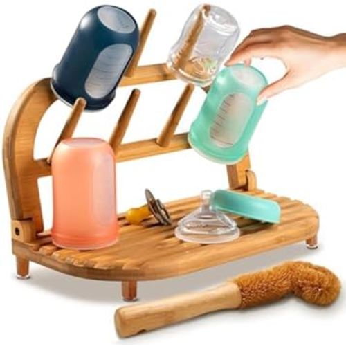 TEYGA Baby Bottle Drying Rack - Indestructible Bamboo Baby Bottle Rack Dryer, Pro-Earth Baby Bottle Holder & Baby Bottle Dryer Rack, Use as a Travel Baby Bottle Cleaning Kit as a Baby Bottle Organize