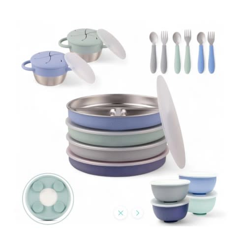 Stainless Steel Mealtime Bundle | Suction Sleeves | Plates, Bowls, Snack Cups + Toddler Utensils | 16 Pcs |  Sage/MistyBlue/Navy/Gray