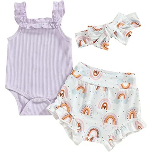 fhutpw Baby Girl Clothes Summer Cute Outfits 3 6 12 18 Months Spaghetti Strap Romper & Floarl Shorts Sets