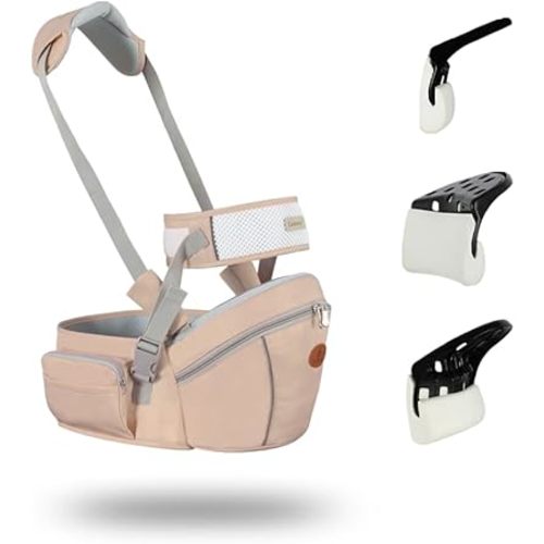 Baby Hip Seat Carrier Baby Waist Stool for Child Infant Toddler with Adjustable Strap Buckle Pocket Soft Inner Huge Storage (Khaki)