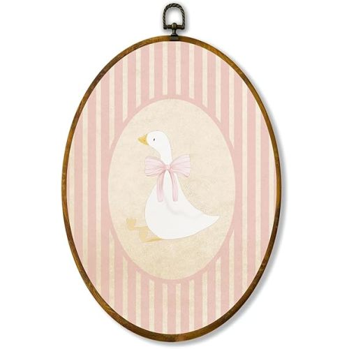 zewepri Bow Goose Oval Wall Art, Pink Striped Nursery Canvas, 8.5x11.5