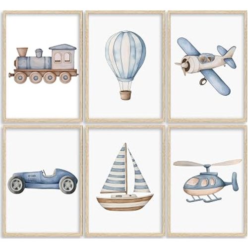 Vintage Baby Boy Nursery Wall Art Blue Transportation Car Airplane Painting Picture Wall Decor