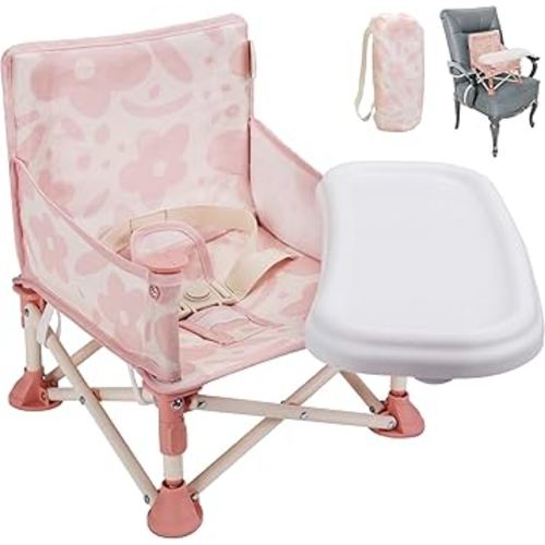 Tiny Marvels Portable 3-in-1 Baby Chair, Cozy Booster Seat, Baby Seat with Tray, Compact Foldable, Toddler Chair with Child Safety Belt Carry Bag, Perfect for Travel (Blush Bloom)