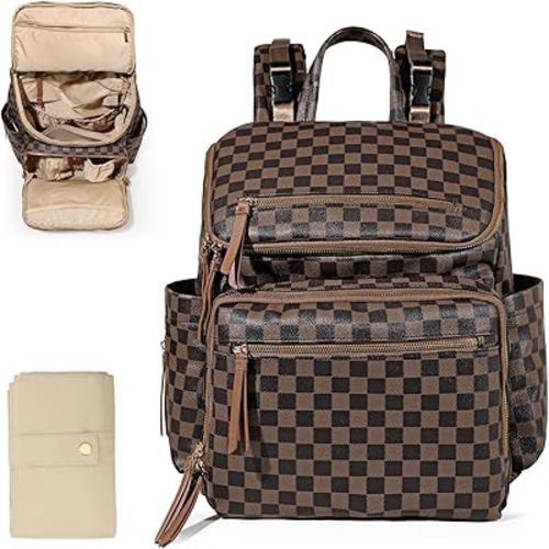 Checkered Diaper Bag Backpack Large Baby Diaper Bag Leather with 17 Diaper Bag Organizing Pouches,Changing Pad,Stroller Straps,4 Insulated Pockets, Coffee