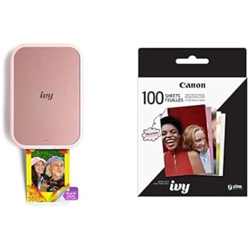 Canon IVY 2 Mini Photo Printer, Print from Compatible iOS & Android Devices, Sticky-Back Prints, Blush Pink + ZINK Photo Paper 100 Sheets Pack
