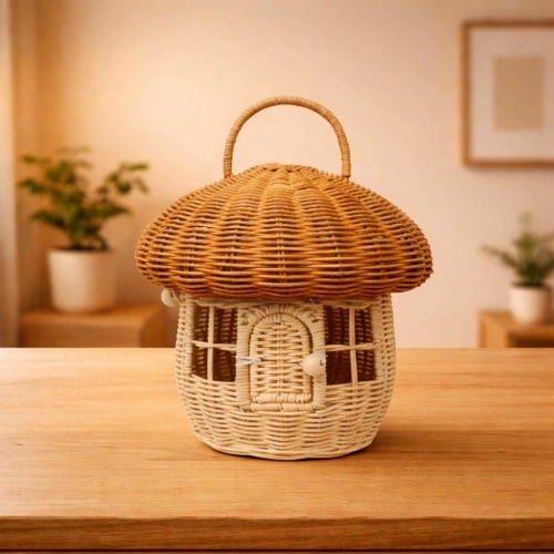 Mushroom Rattan Basket | Woven Kids Picnic Bag | Natural Mushroom Purse for Toddlers | Childrens Toy Storage | Boho Nursery Decor Handbag