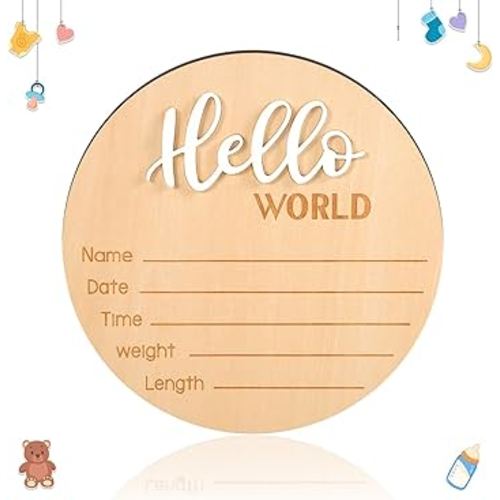 Wooden Hello World Newborn Sign - 5.9 Inch Birth Announcement Plaque for Photo Props, Baby Shower, Hospital Nursery