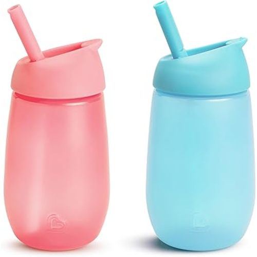 Munchkin Simple Clean Straw Cups for Toddlers 1-3, with Peel Open Straw for Easy Cleaning, Spill Proof Sippy Cup for Kids 12+ Months, 10 Ounce, 2 Pack, Pink/Blue