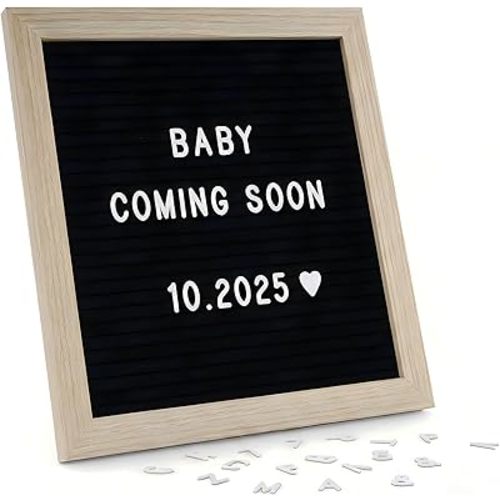 C CRYSTAL LEMON Black Felt Letter Board 10x10in – Milestone & Pregnancy Announcement Message Board with 336 Letters, Wooden Frame, Wall Mount or Stand