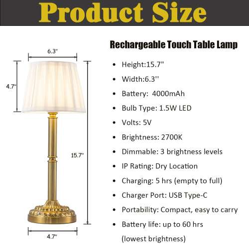 ALOADECOR Glam Cordless Brass Table Lamp Touch Control with 3 Way Classic Elegant Dimmable LED Nightstand Lamp with Fabric Shade