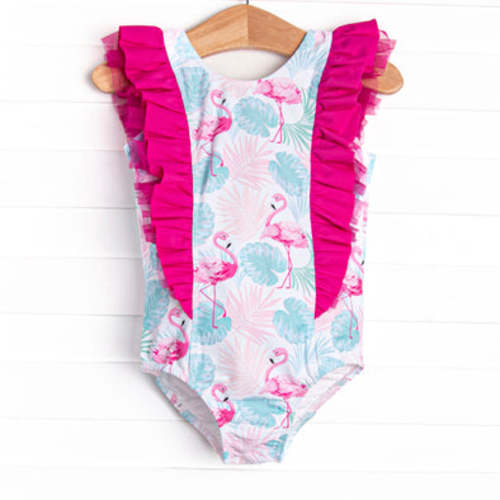 Palm Frond Flamingo One Piece, Blue – Stitchy Fish