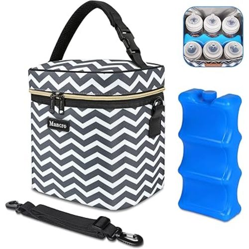 Mancro Breastmilk Cooler Bag with Ice Pack, Fits 6 Baby Bottle Up to 9 Ounce, Baby Bottle Bag with Strap for Mom Nursing Daycare, Grey.