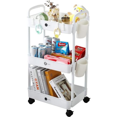 3 Tier Rolling Utility Cart with Wheels, Storage Trolley Cart with Handle Hanging Cups Hooks, Storage Organizer for Kitchen, Bathroom, Living Room, Office (White)