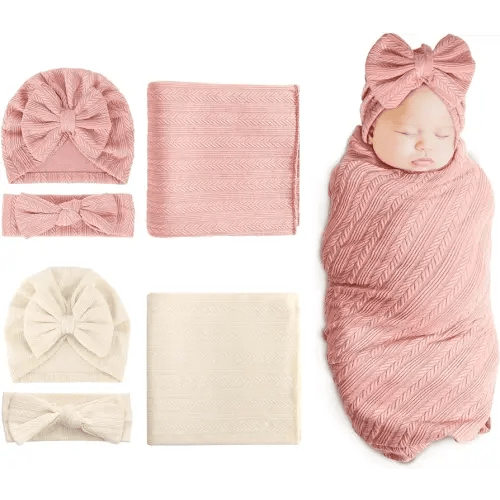 DRESHOW BQUBO Newborn Receiving Blanket Headband Hat Set for Baby, Unisex Baby Boys Girls Essentials, Newborn Registry Must Haves, Stroller Crib Shower Gifts