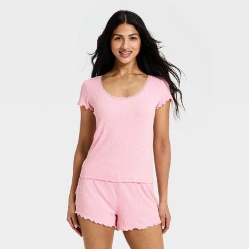 Women's Pointelle Short Sleeve Shirt and Shorts Pajama Set - Auden™ Light Pink L