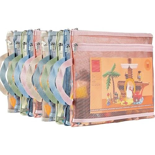 10 Pack Colored Mesh Zipper Pouch Bags, Double-Layer Nylon Puzzle Building Block Sets Toy Storage & Organization, Breathable See Through A4 Zipper Pouch with Handle for School Games