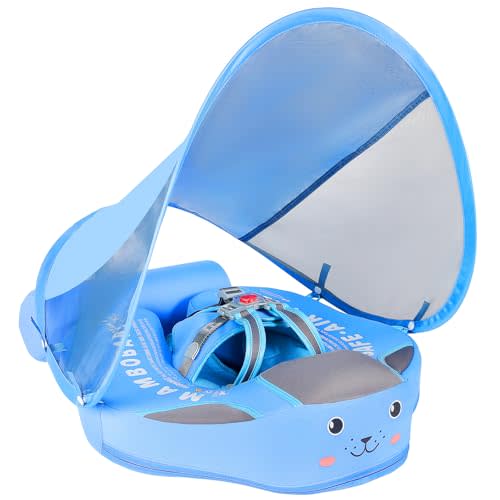 Mambobaby Non-Inflatable Baby Pool Float with Tail and Canopy UPF 50+ Sun Protection No Flip Over Infant Swim Float Skin-Friendly Mambo Float Swim Trainer Solid Baby Swimming Ring