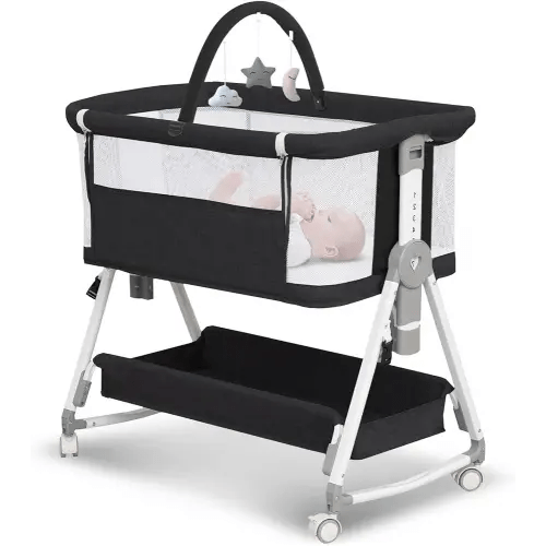 Baby Bassinet,3 in 1 Bedside Bassinet for Baby with Hanging Toys, Portable Foldable Bassinets Bedside Sleeper,4-Sided Mesh Bedside Crib with Wheels and Storage Basket,6 Height Adjustable (Black)