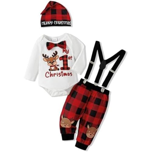 AMAWMW My First Christmas Baby Boy Outfit Infant 1st Christmas Romper Red Plaid Suspender Pants Hat Newborn Clothes Sets