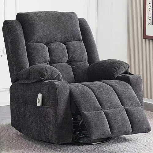 Power Swivel Rocker Recliner Chair for Adults with Massage and Heat, USB and Type-C Ports, Infinite Position, Electric Glider Reclining Single Sofa Chair for Living Room(Dark Grey)