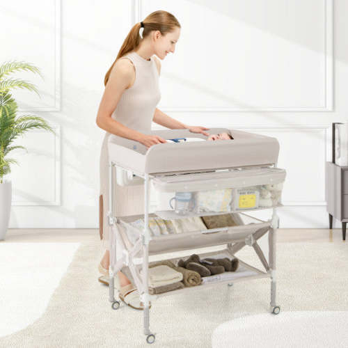 Portable Baby Changing Table With Wheels and Large Storage Rack-Natural