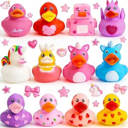 Rubber Ducks Toy Duckies for Girls,12Pack Ducking Pink Rubber Duck in Bulk, Ducks for Unicorn Ducks Baby Bath Toys, Birthday Party Stocking Stuffers Classroom Gift (Valentine's Ducks)