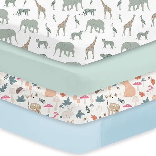 Little Grape Land Crib Sheets 4 Pack for Boys and Girls, Baby Neutral Crib Fitted Sheets for Standard Crib & Toddler Mattress, Super Soft Breathable Fitted Crib Sheet Set, Safari & Squirrel