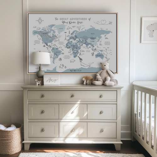 Push Pin Kid World Map Wall Art Travel Children Map Print Nursery Boy Bedroom Gender Neutral Wall Map Canvas Minimalist Blue Gray