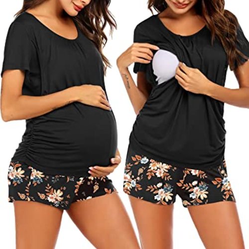Ekouaer Women's Maternity Nursing Pajamas Set Breastfeeding Sleepwear Double Layer Short Sleeve Top & Shorts Pregnancy PJS