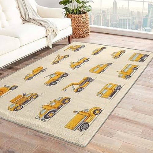 Construction Rug & Home Decor - 4x5 Rug, Boys Rugs for Living Room Bedroom, Kids Construction Vehicle Carpet, Washable Non Slip Soft Low Pile Indoor Area Rug & Room Decor