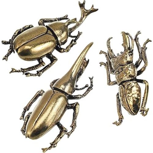 3pcs Vintage Brass Gold Beetle Decorations Statues Sculpture, Metal Animal Insect Ornament Miniature Figurines, Long Horn Bug Statues for Home Office Garden Desktop Decor