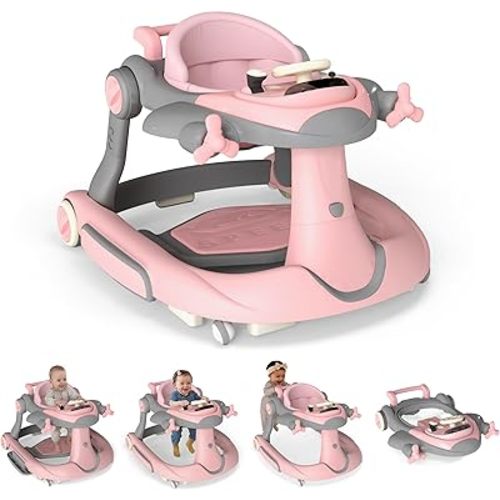 7-in-1 Baby Walker with Wheels, Anti-Slip Base, Speed Control, 3 Level Adjustable Height with Music & Lights Box, Foldable Walkers for Babies 6-12 Months, Boys & Girls