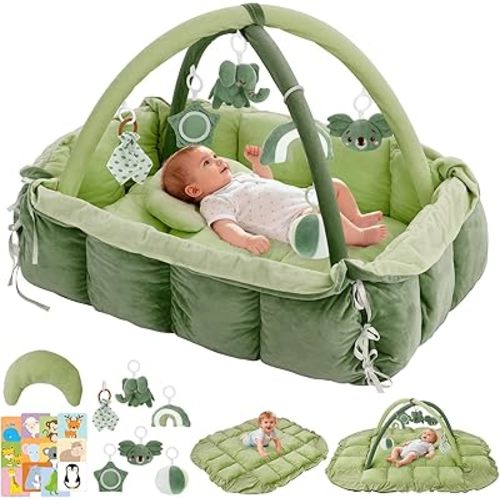 5-in-1 Baby Play Gym and Tummy Time Mat, Tummy Time Pillow & 12 Learning Cards, Plush Activity Mat with 6 Toys, Baby Gym, Convertible to Ball Pit, Baby Gift, Green