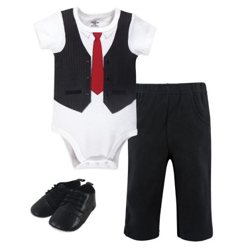 Little Treasure Baby Boy Cotton Bodysuit, Pant and Shoe 3pc Set, Black Red Vest, 3-6 Months