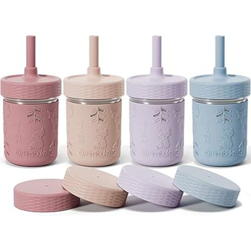 Fimibuke Toddler Cups Spill Proof, 8 OZ Sippy Cups for Kids Girl Boy, Leak Proof Stainless Steel Tumbler with Lid, Silicone Straw & Sleeve, BPA Free Dishwasher Safe Water Bottle Snack Container 4 Pack