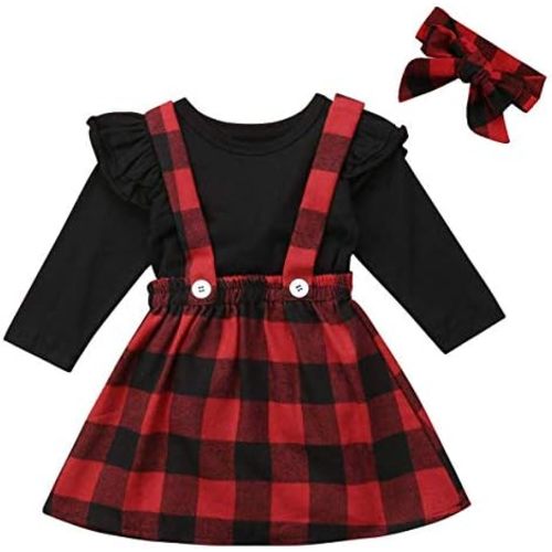 Toddler Baby Girl Infant Plain T Shirts Plaid Overall Skirt Set Cotton Outfits