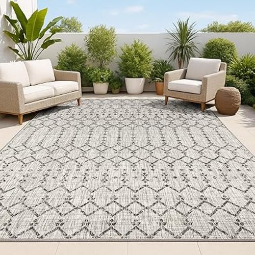 JONATHAN Y Moroccan Geometric Indoor Outdoor Area Rug 8X10 Light Gray/Black, Ourika Textured Weave for Backyard, Patio, Porch, Easy-Cleaning, High Traffic, Pet-Friendly, Non-Shedding (SMB108E-8)