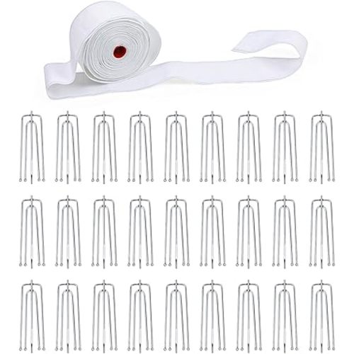 Curtain Pleat Tape, 11 Yards Pleater Curtains Tape with 50 Pcs Stainless Steel Pleater Hooks with 4 Prongs, Pinch Pleat Curtain Drapes Tape for Handmade DIY Pleated Curtain