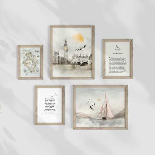 Peter Pan Nursery Art, Set of 5, Bookish Kids, Gallery Art Set, Nursery Prints, Childrens Gift, Ships Art, Kids Room, Baby Room, Quote Print