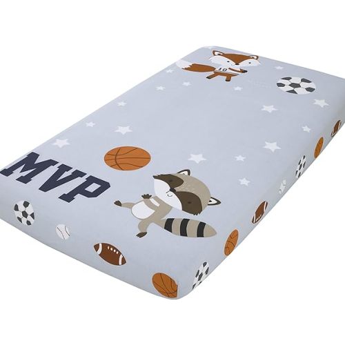 NoJo Team All Star Light Blue, Grey, & Orange, MVP Fox & Raccoon Sports Theme with White Stars Photo Op 100% Cotton Fitted Crib Sheet, Light Blue, Grey, Orange
