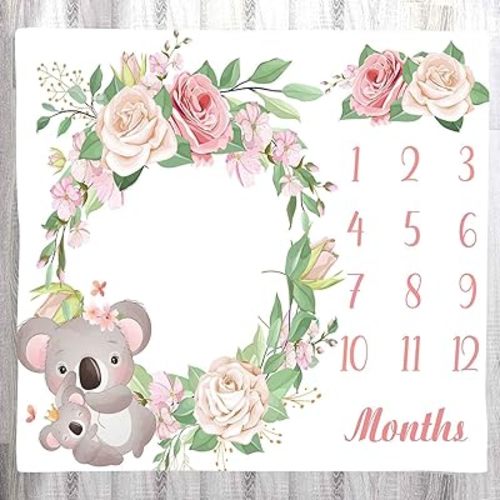 Baby Memory Blanket, Koala Cute Animal Flowers Newborn Baby Monthly Milestone Blanket for Girls Princess Baby Age Blanket, 48x40 Inch Nurse Receiving Blanket Baby Swaddle Blanket BTLSLY594