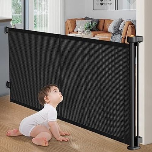 Upgrade Retractable Baby Gates, 35" Tall Extends up to 60" Wide, Mesh Dog Gate Indoor for Stairs, Outdoor Reinforced Pet Gate with Support Rods for Doorways Hallways Kitchen Bedroom, Black