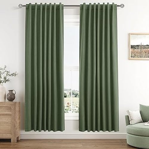 Guken Olive Green Blackout Curtains 72 Inch Length 2 Panels Set for Living Room Bedroom Back Tab Thermal Insulated 100% Black Out Linen Drapes Room Darkening Window Curtains 72 Inches Long
